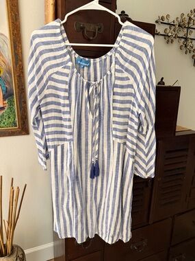 blue island Blue and White Striped Tassel Beach Cover